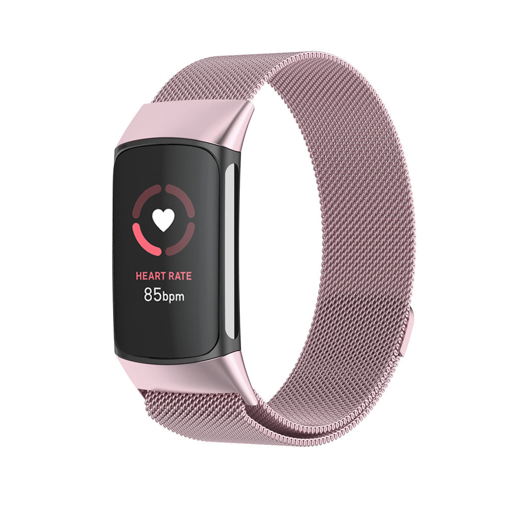 Fitbit Charge 5 and 6 Milanese Stainless Steel Magnetic Loop Band Watch Strap Pink - Eastlakes Electronics