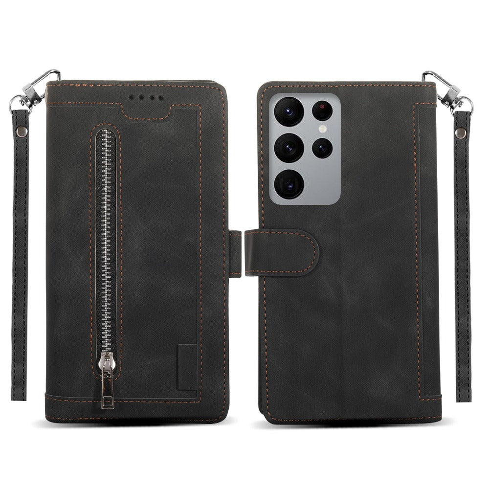 Zipper Leather Flip Wallet Case For Samsung Galaxy S22 Ultra A13 A23 A33 A04s