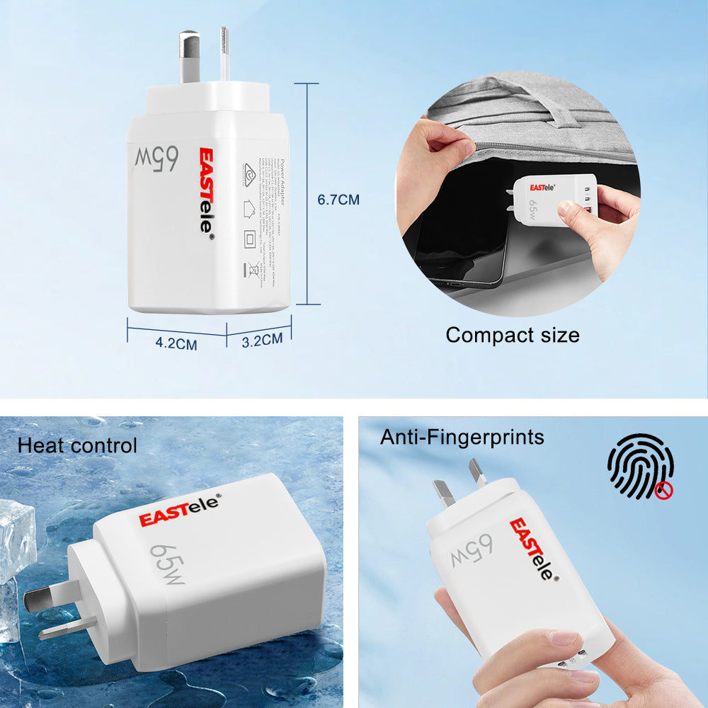 EASTele 65W 3 Ports GaN USB C to USB C AC Power Adapter Wall Charger