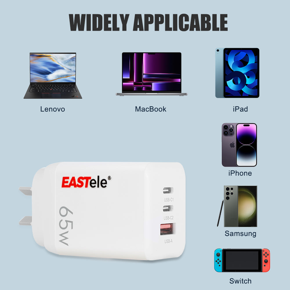 EASTele 65W 3 Ports GaN USB C to USB C AC Power Adapter Wall Charger