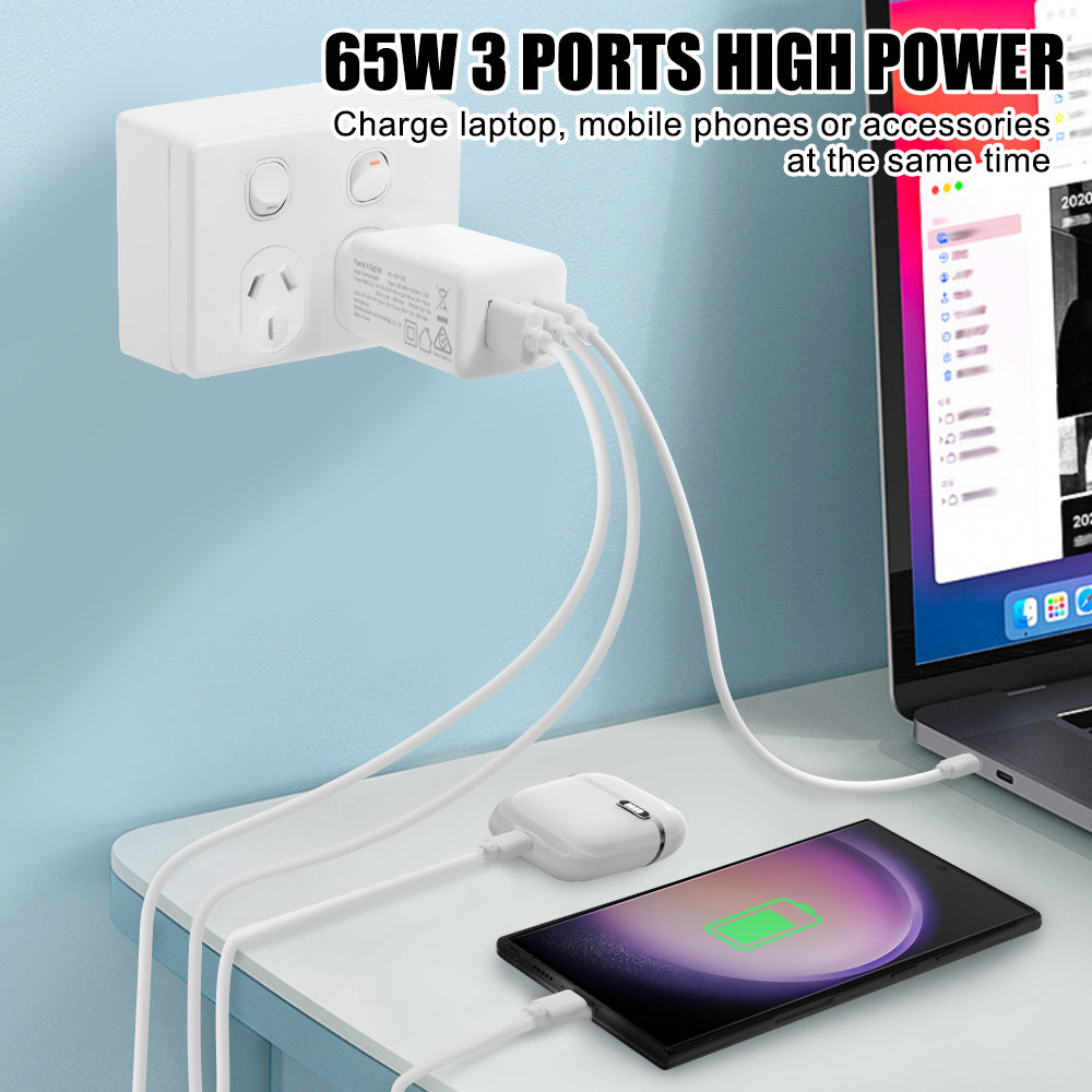 EASTele 65W 3 Ports GaN USB C to USB C AC Power Adapter Wall Charger