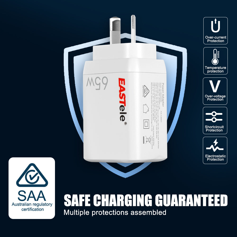 EASTele 65W 3 Ports GaN USB C to USB C AC Power Adapter Wall Charger