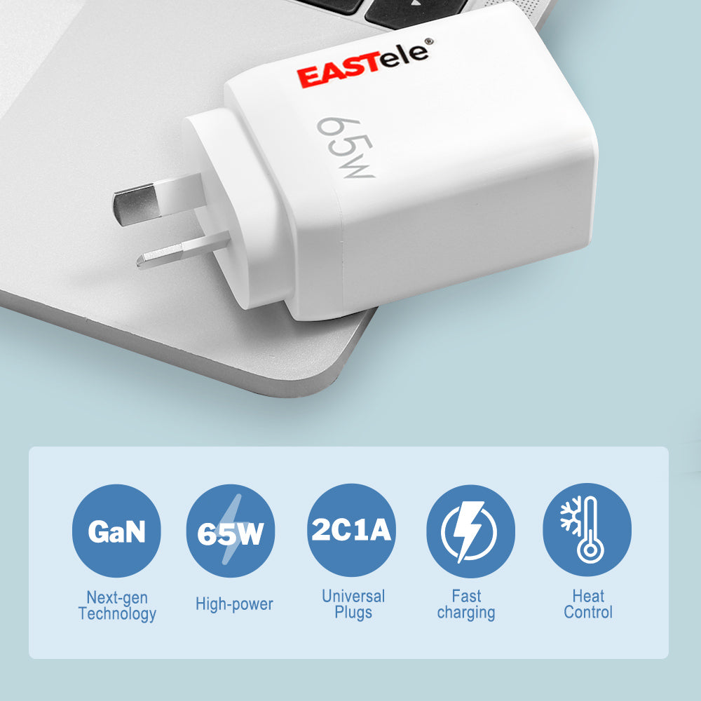 EASTele 65W 3 Ports GaN USB C to USB C AC Power Adapter Wall Charger