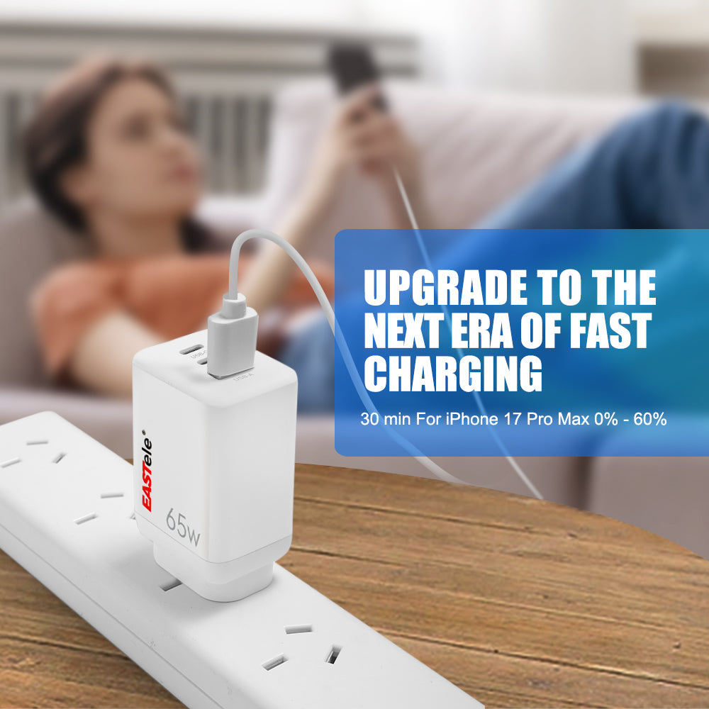EASTele 65W 3 Ports GaN USB C to USB C AC Power Adapter Wall Charger