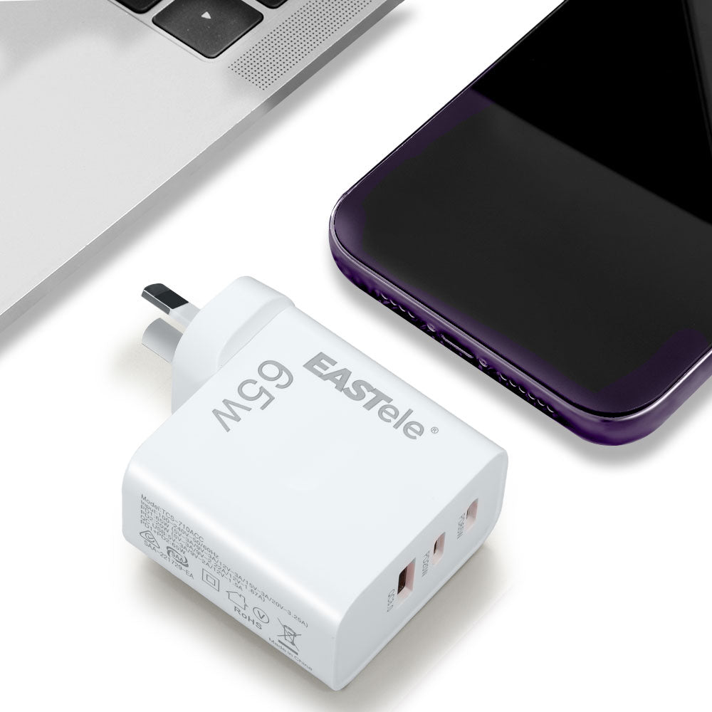 EASTele 65W 3 Ports GaN USB C to USB C AC Power Adapter Wall Charger