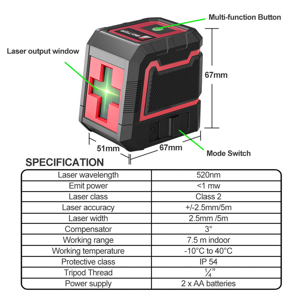 Green Laser Level Beam Cross Line Self Leveling Home DIY Level IP54 Water Resist