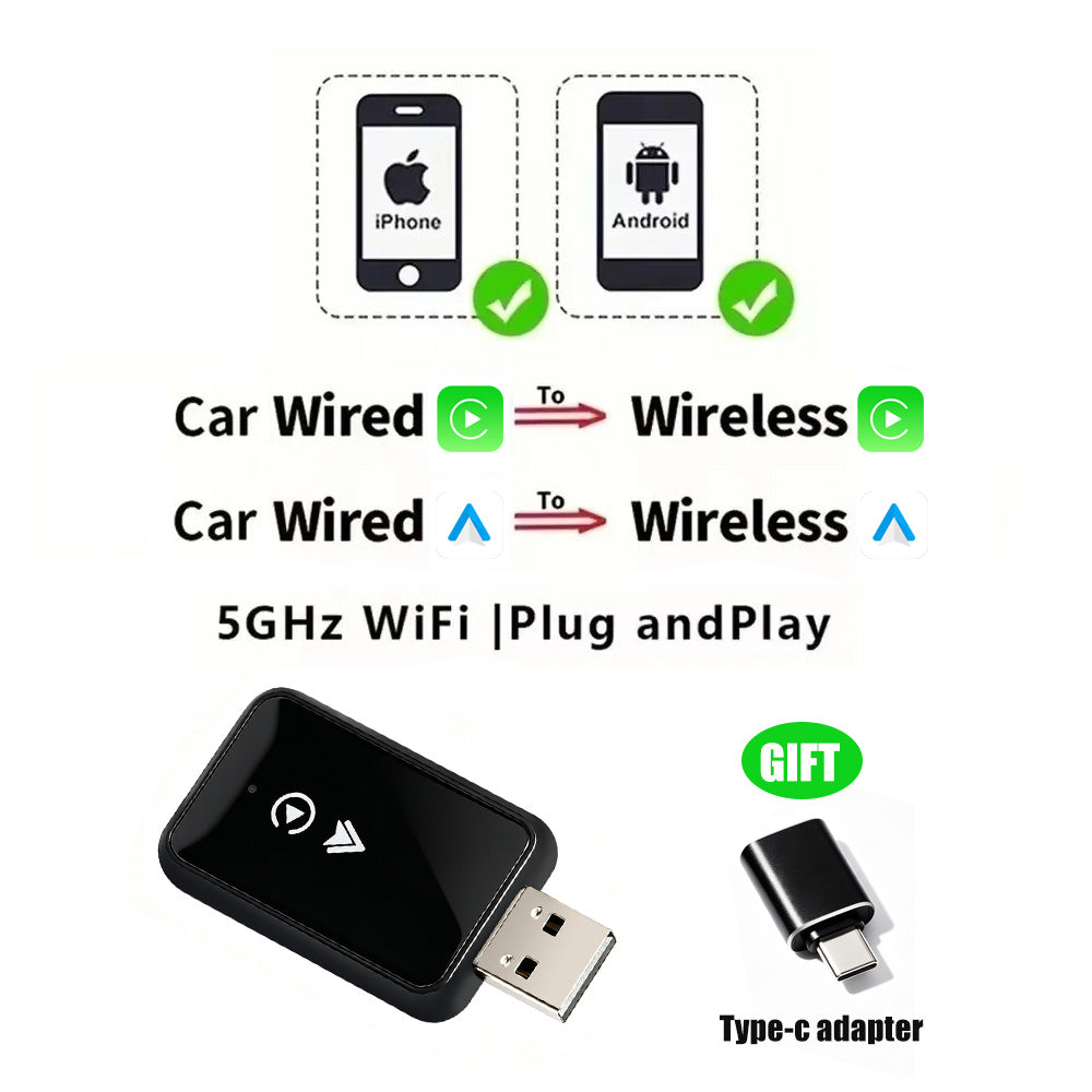 USB Wireless CarPlay Apple & Android Auto Adapter Wired to Wireless WiFi Dongle