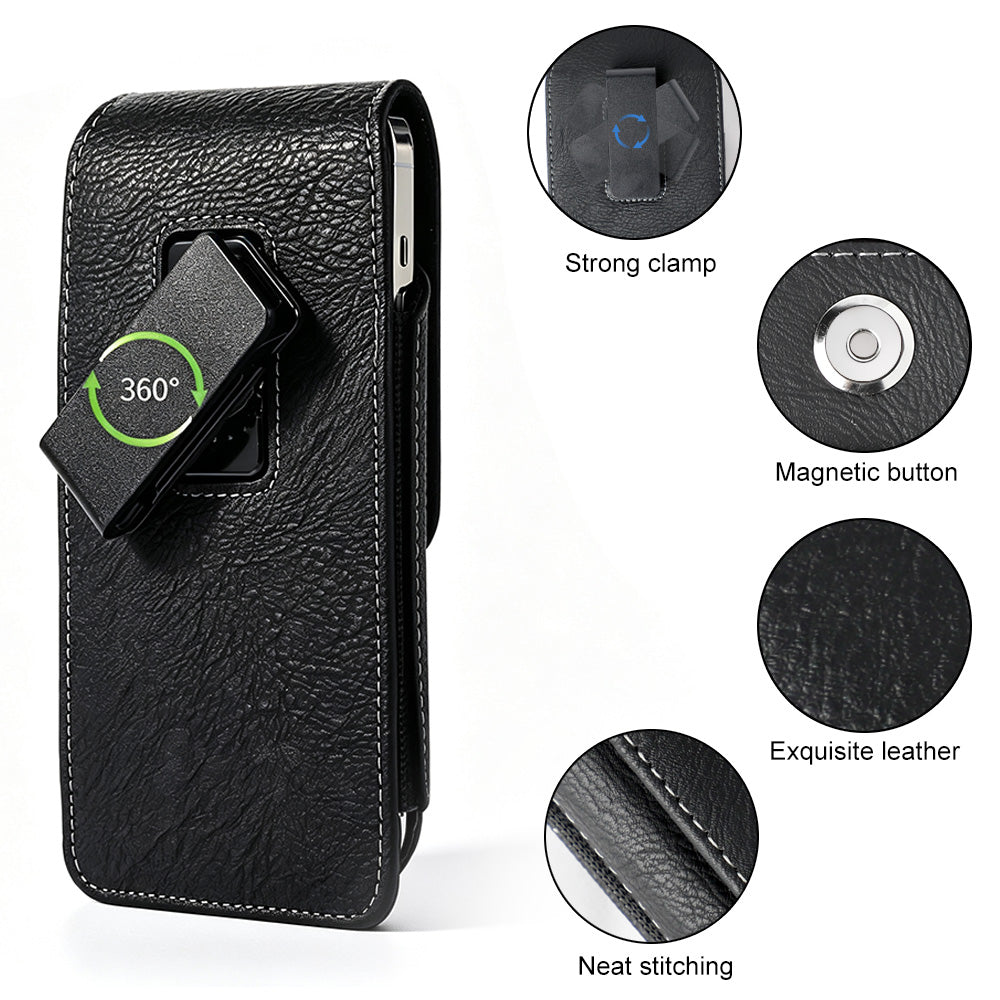Universal Cell Phone Magnetic Black PU Leather Case with Rotatable Belt Clip