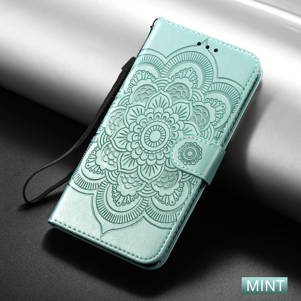 Floral Lace Mandala Embossed Leather Flip Wallet Case For Samsung Galaxy Mint Green - Eastlakes Electronics