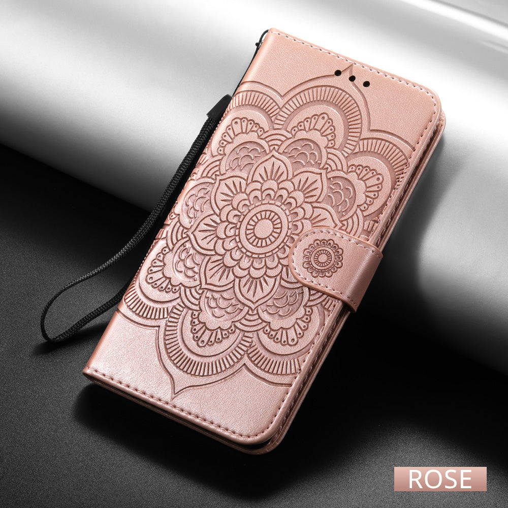 Floral Lace Mandala Embossed Leather Flip Wallet Case For Samsung Galaxy Rose Gold - Eastlakes Electronics