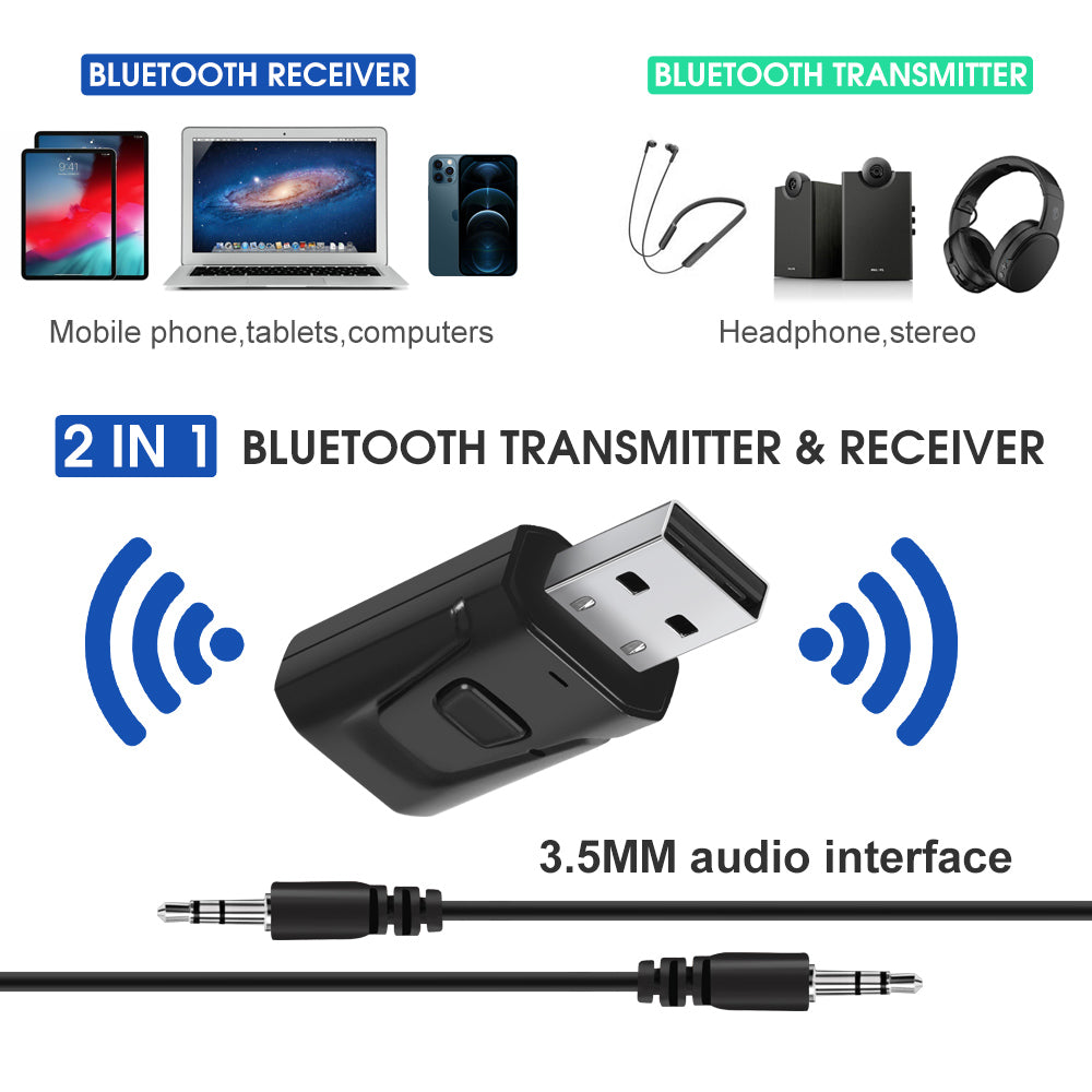 2in1 USB Bluetooth5.0 Transmitter Receiver Audio Adapter AUX 3.5mm TV PC Speaker