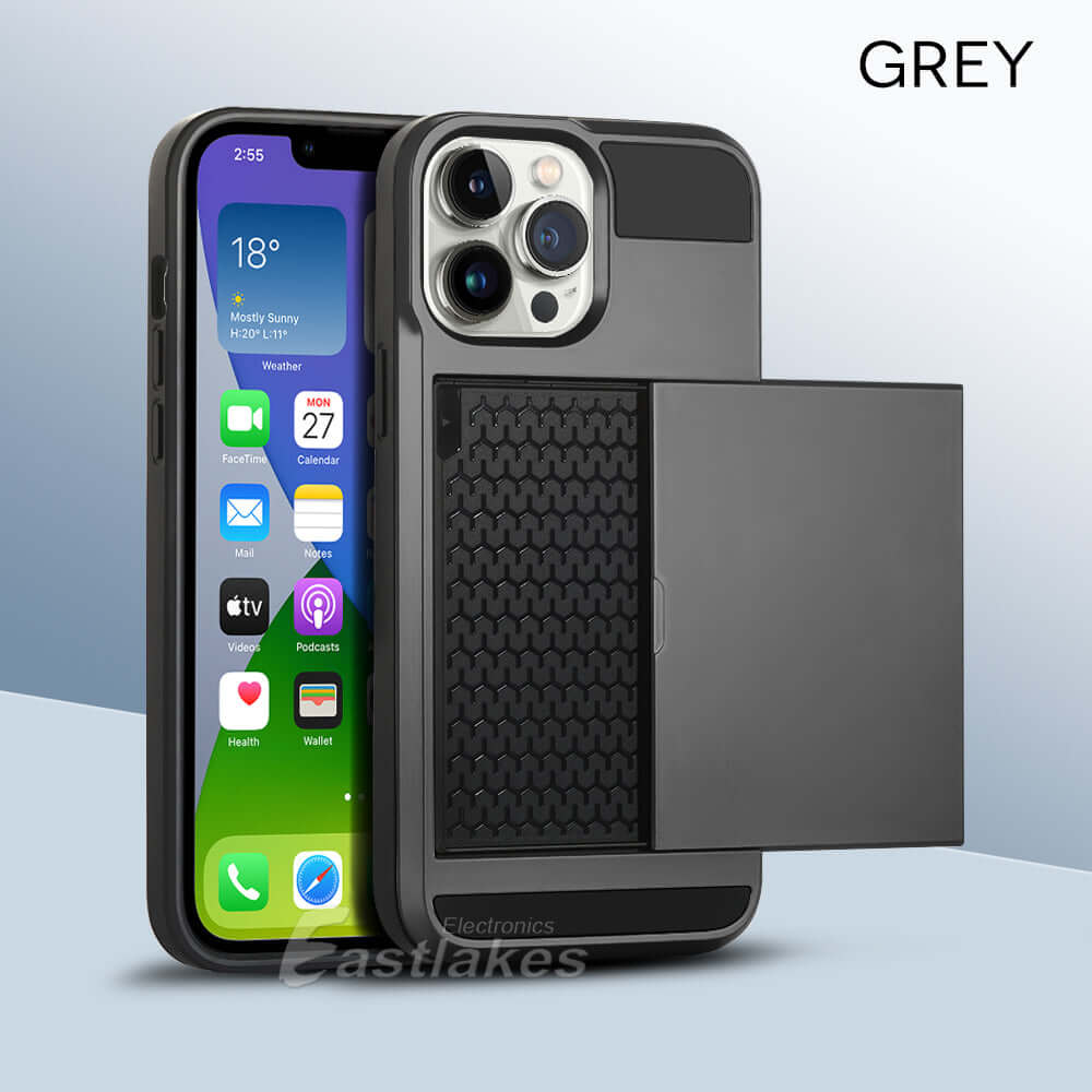 Shockproof Sliding Card Pocket Case Cover For iPhone 13 / 12 / 11 / XS / XR Series - Eastlakes Electronics