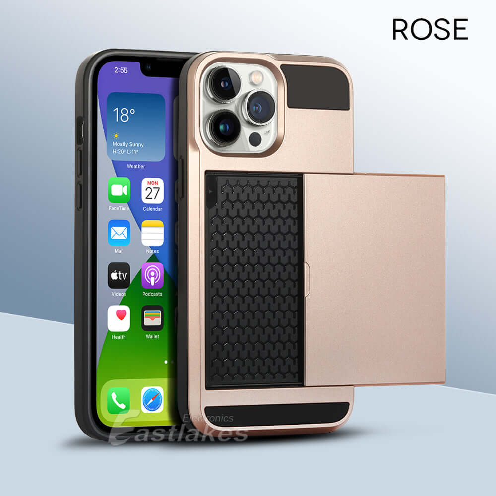 Shockproof Sliding Card Pocket Case Cover For iPhone 13 / 12 / 11 / XS / XR Series - Eastlakes Electronics