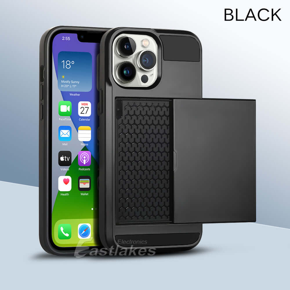 Shockproof Sliding Card Pocket Case Cover For iPhone 13 / 12 / 11 / XS / XR Series - Eastlakes Electronics