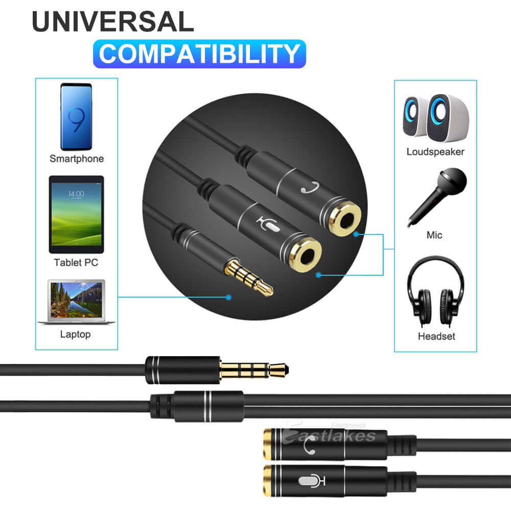 3.5mm AUX Cable Audio MIC Splitter Headphone Earphone Adapter Male to Female - Eastlakes Electronics