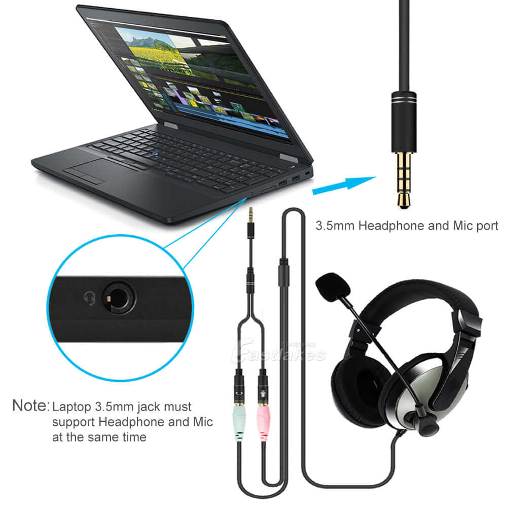 3.5mm AUX Cable Audio MIC Splitter Headphone Earphone Adapter Male to Female - Eastlakes Electronics