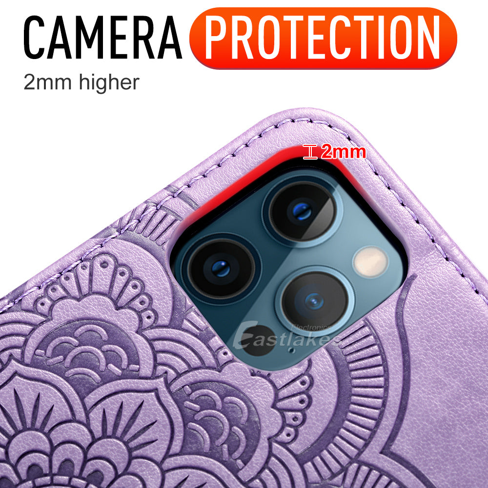 Floral Embossed Leather Wallet Case for iPhone 12 mini 11 Pro Max X XS XR - Eastlakes Electronics