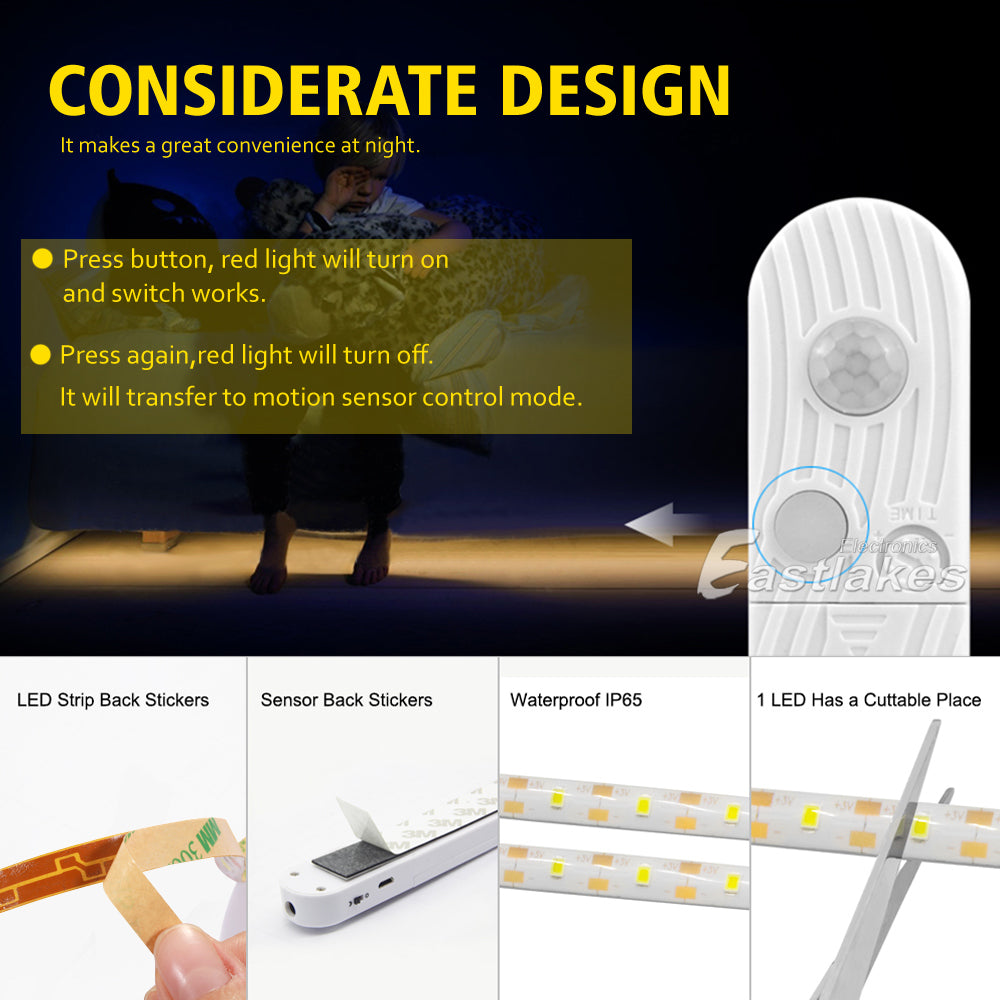 PIR Motion Sensor LED Strip Lights Wireless Rechargeable Warm Cool - Eastlakes Electronics Sydney