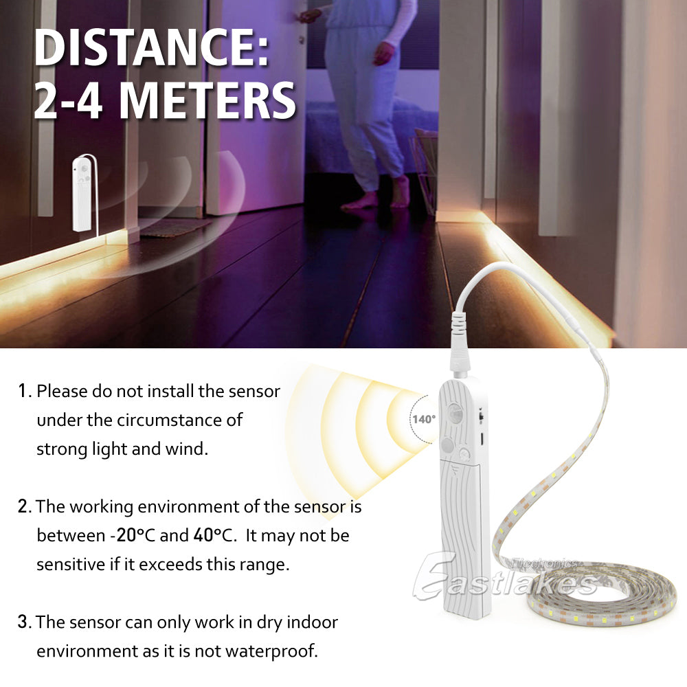 PIR Motion Sensor LED Strip Lights Wireless Rechargeable Warm Cool - Eastlakes Electronics Sydney