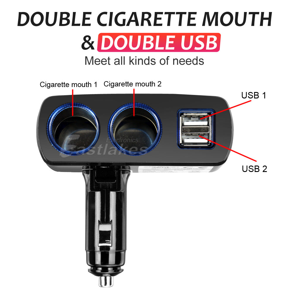 2 Way Car Cigarette Lighter Socket Splitter Adjustable Right Angle with Dual USB Ports - Eastlakes Electronics