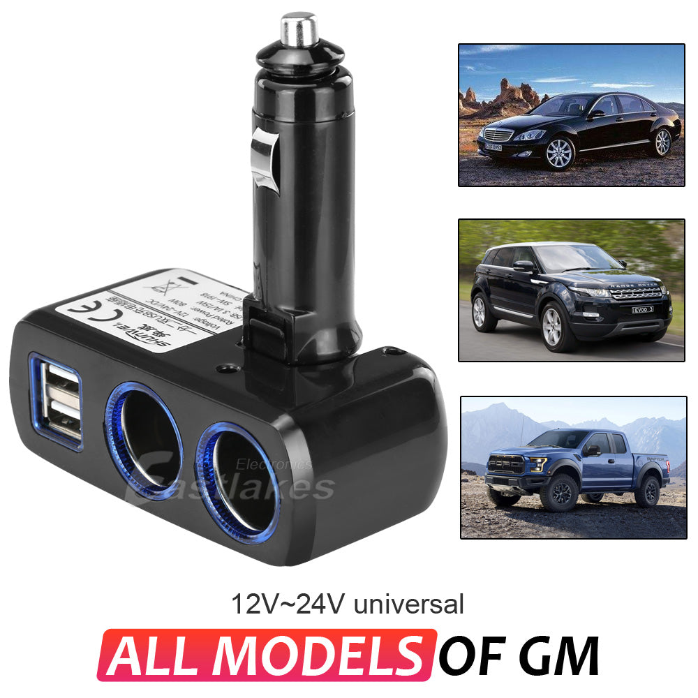 2 Way Car Cigarette Lighter Socket Splitter Adjustable Right Angle with Dual USB Ports - Eastlakes Electronics