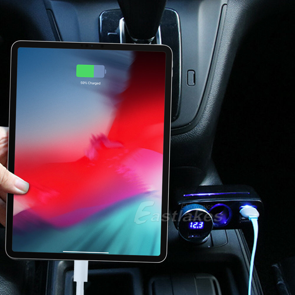 2 Way Car Cigarette Lighter Socket Splitter Adjustable Right Angle with Dual USB Ports - Eastlakes Electronics