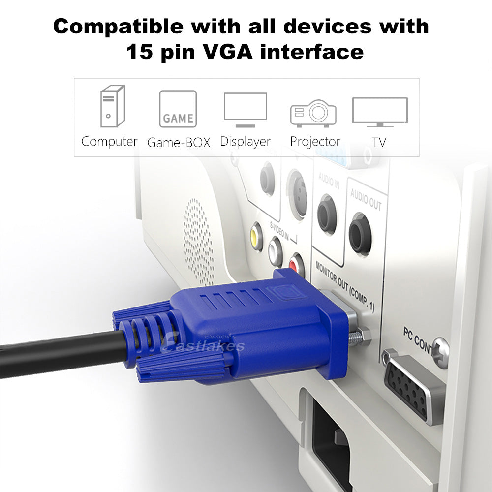 Premium VGA SVGA Male to Male Extension PC Monitor LCD Cable 15pin 1.5M 3M 5M - Eastlakes Electronics